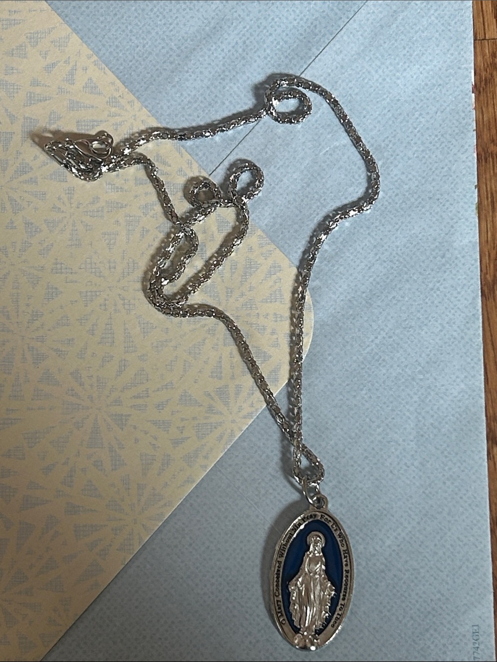 Sterling-Color Miraculous Medal Necklace with Blue Enamel Pendant